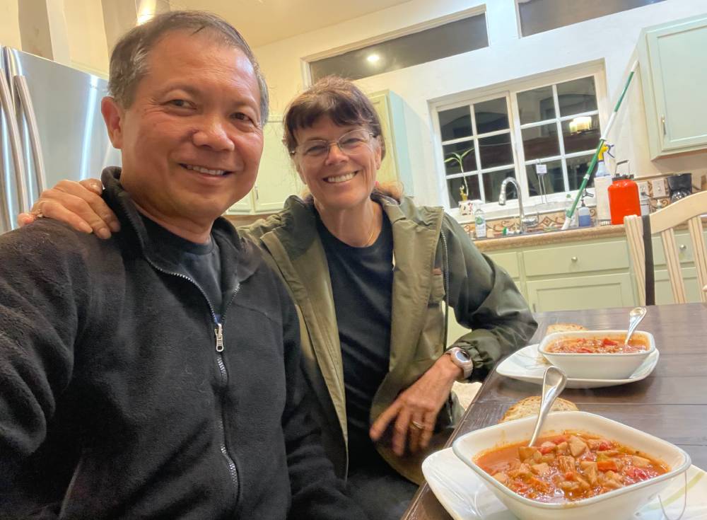 Carol Anne and Stephen in the Kitchen Having Lions Mane Manhattan Chowder